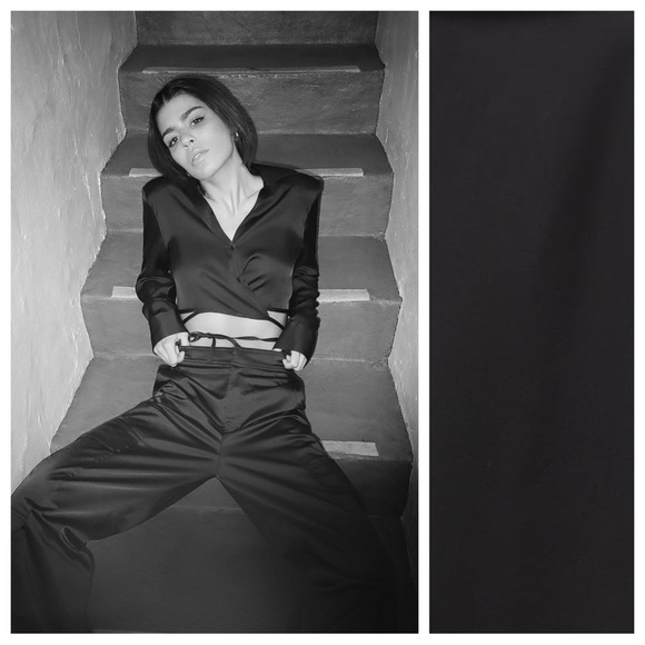 NWT. Zara Black Satin Long Sleeves Collared Cropped Shirt with Ties. Size S. - Picture 2 of 8